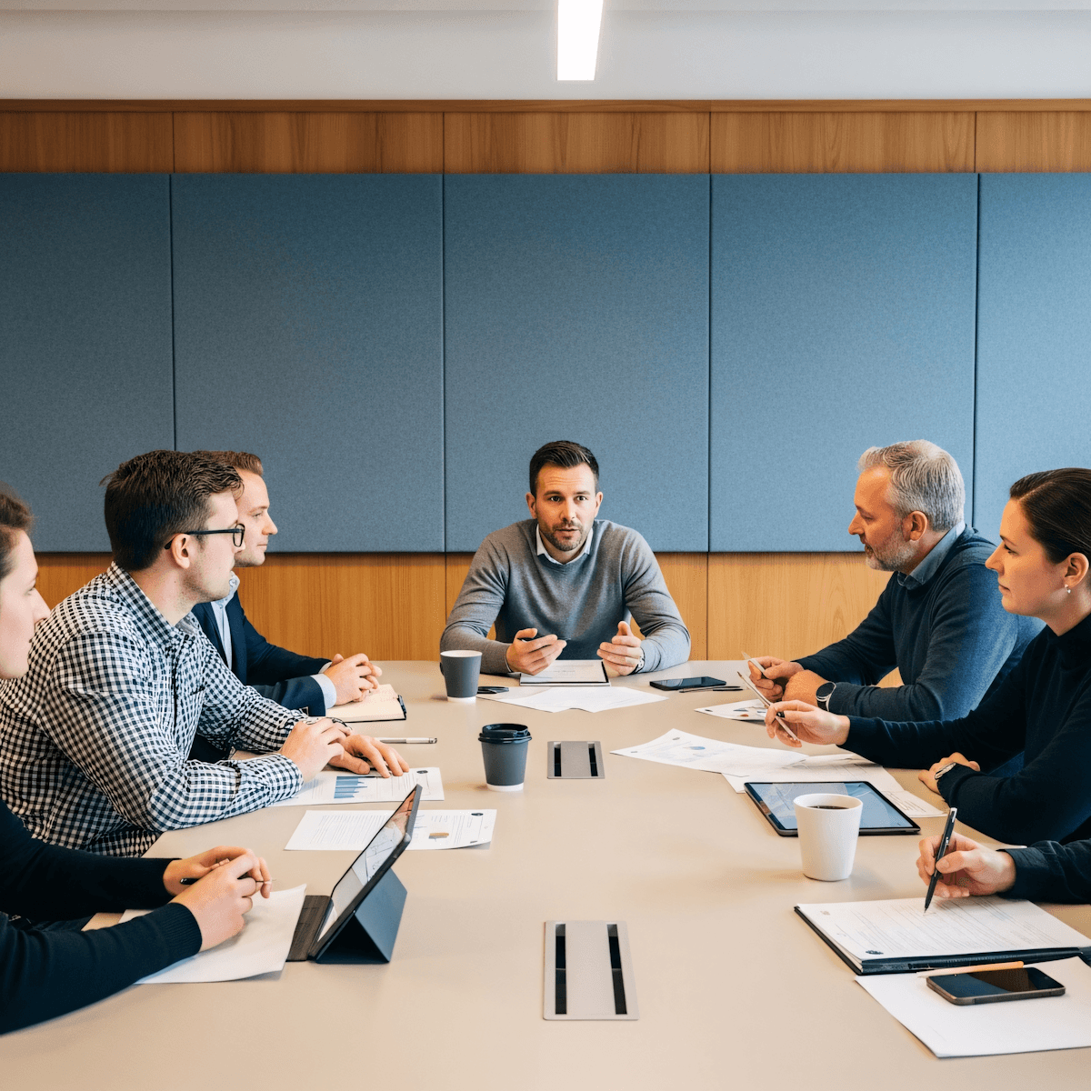 A business team meeting around a conference table
