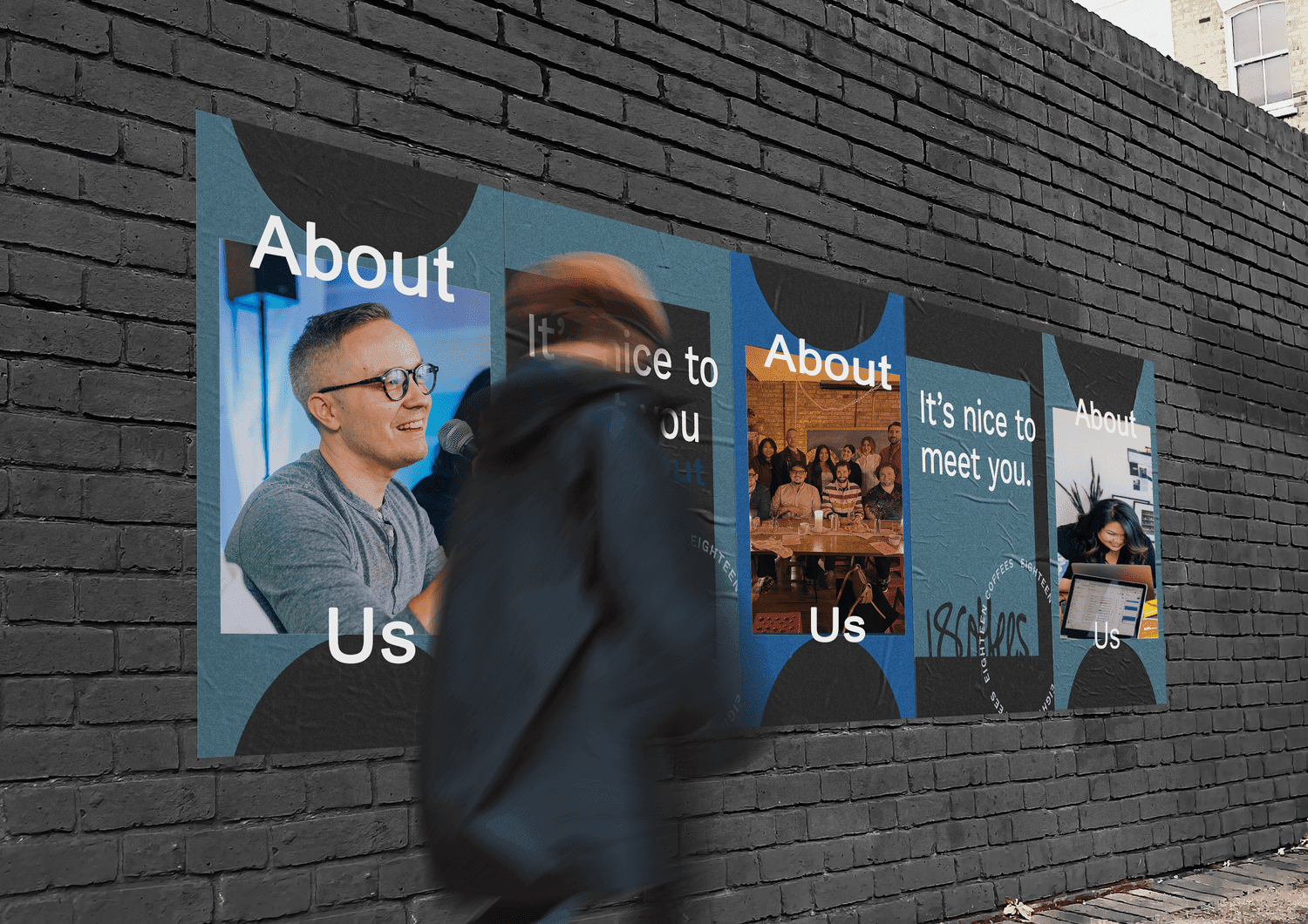 18 Coffees About Us posters on a brick wall
