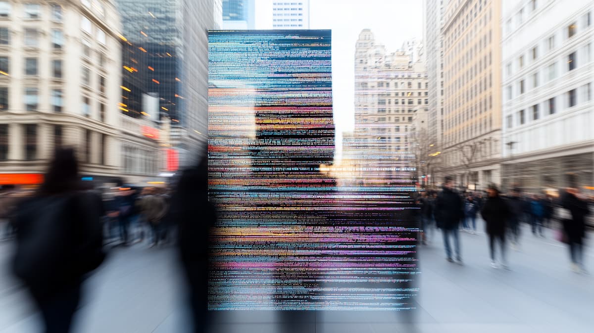 A busy city street overlaid with streams of data