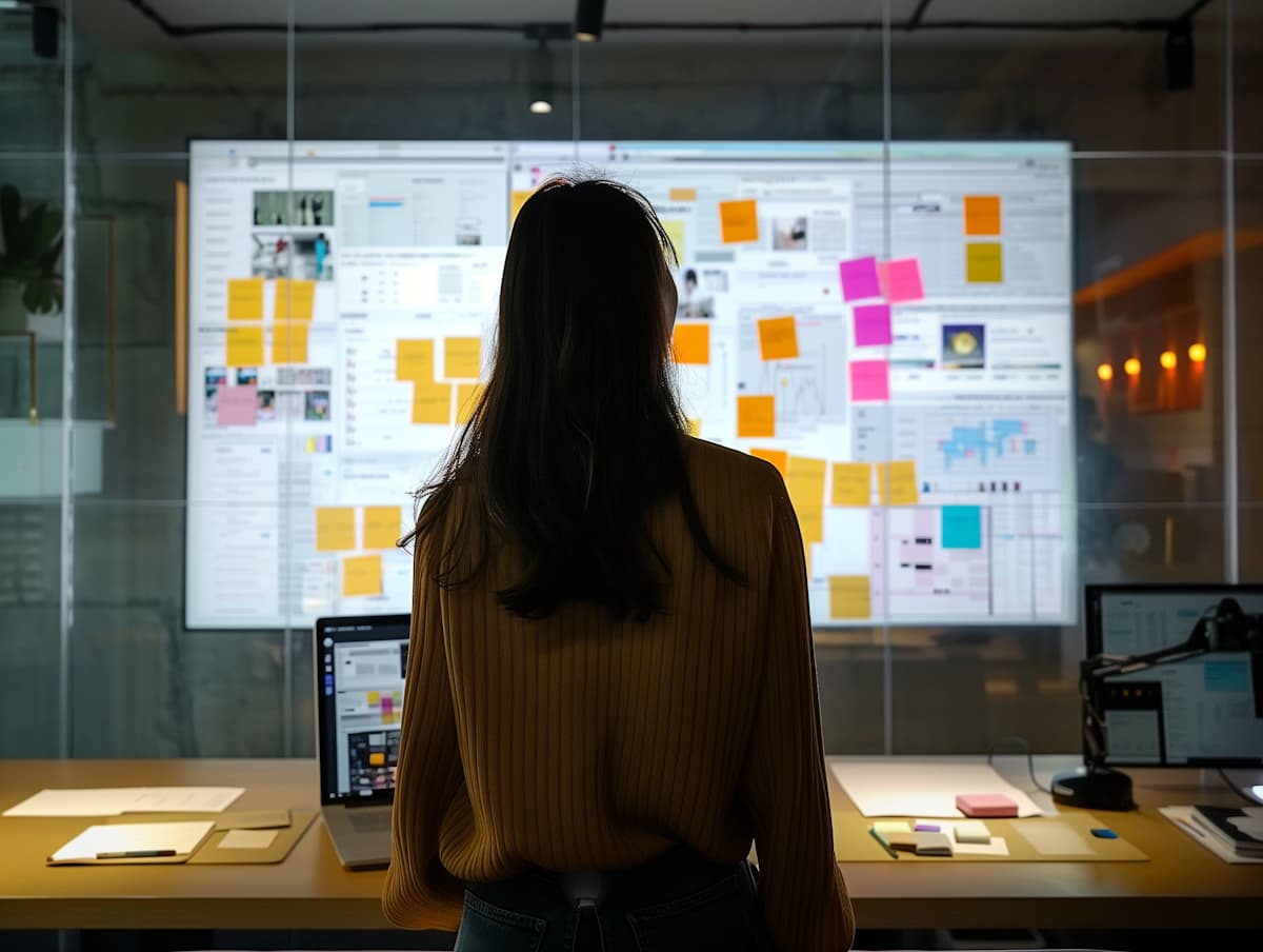 A person studying a wall of research notes