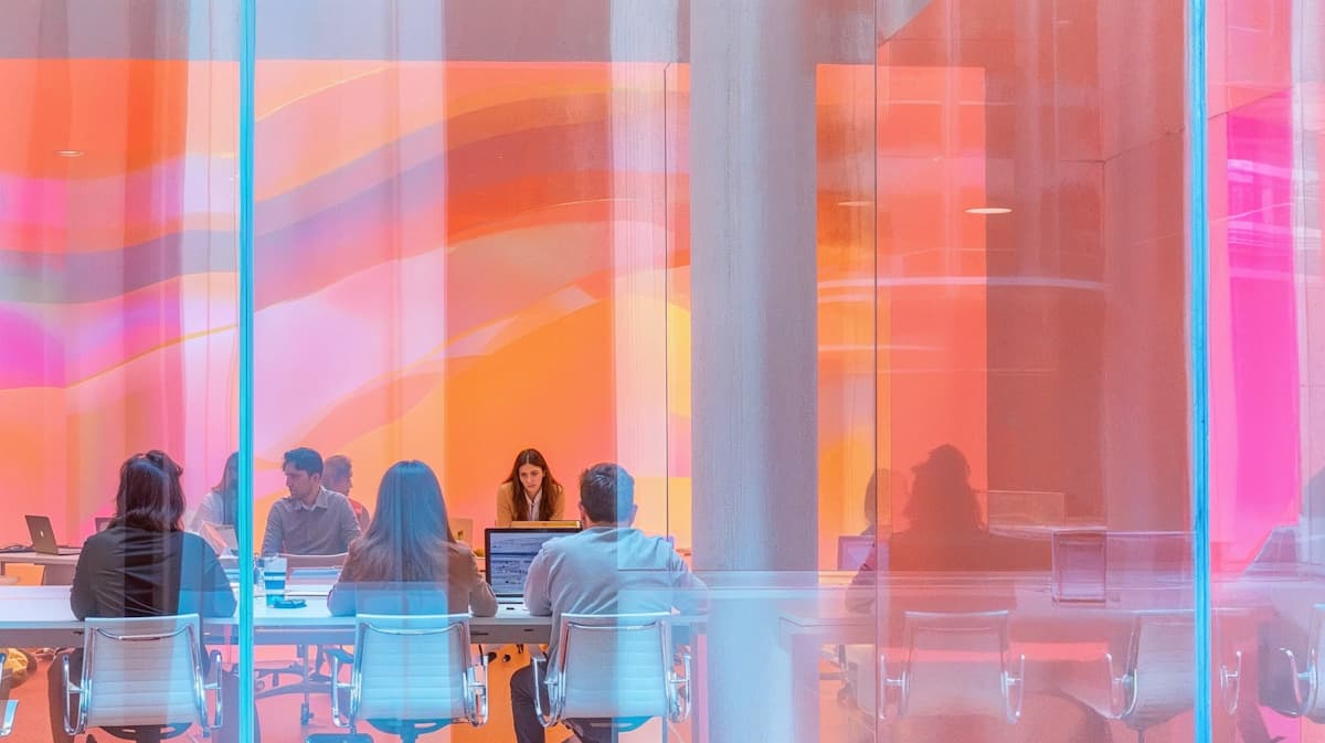 A team meeting behind colorful glass