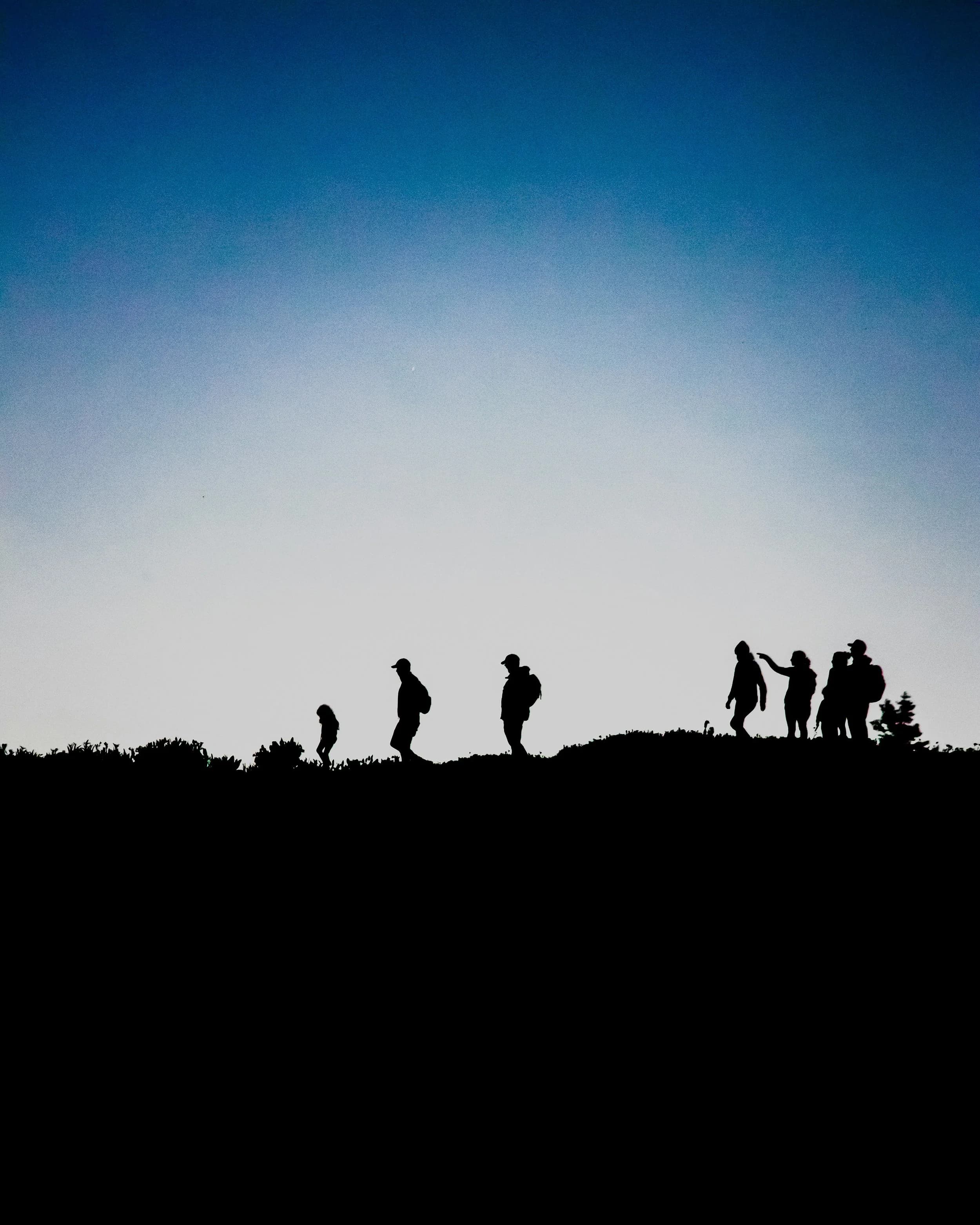 Hikers silhouetted on a ridge at dusk